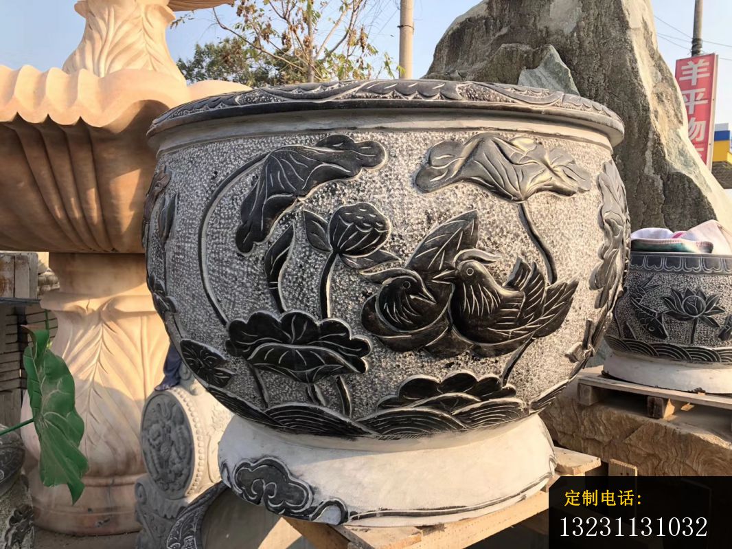 青石仿古荷花鱼缸复古石雕庭院水缸 (7)_1066*799