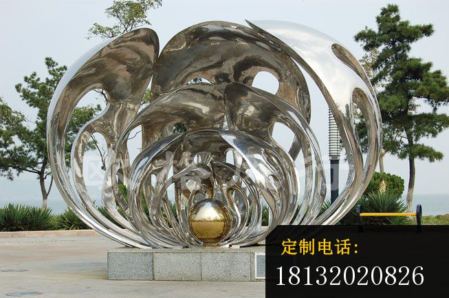 不锈钢抽象贝壳珍珠 海边景观雕塑_653*433