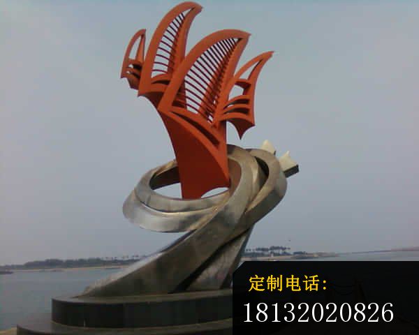 不锈钢抽象海浪和帆船，海边景观雕塑_600*480