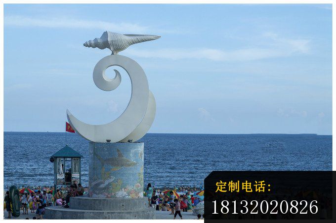 不锈钢抽象海浪和海螺，海边景观雕塑_680*453