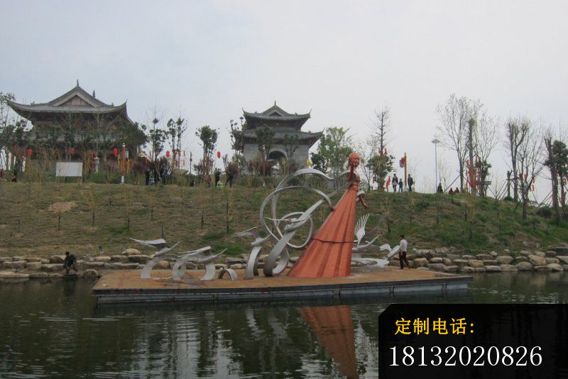 不锈钢抽象仙鹤和仙女雕塑，公园不锈钢雕塑 (2)_800*534
