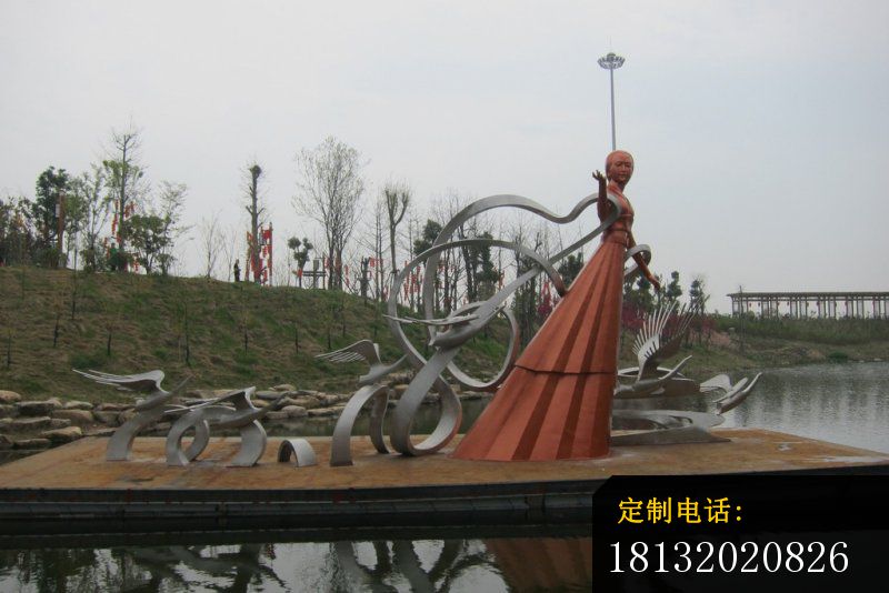 不锈钢抽象仙鹤和仙女雕塑，公园不锈钢雕塑_800*534