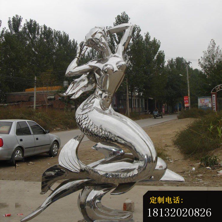 不锈钢美人鱼和海豚雕塑，公园景观雕塑_750*750