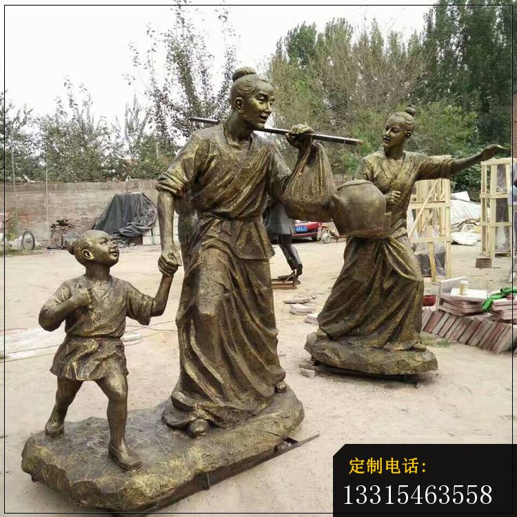 拉儿子手赶路的古代人物铜雕，公园小品铜雕_750*750