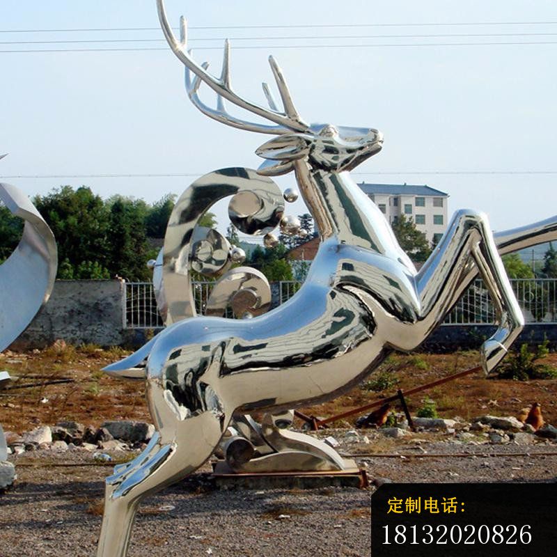 不锈钢跳跃的梅花鹿，公园动物雕塑_800*800