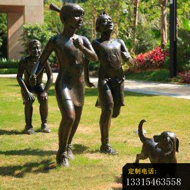 跑步遛狗的儿童铜雕  公园小品铜雕_750*750