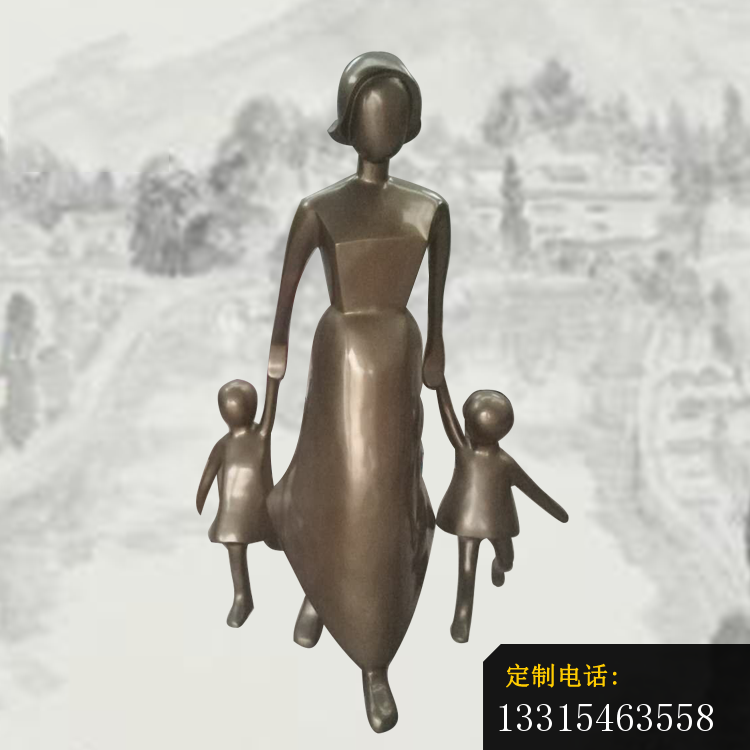 手牵儿女的母亲铜雕，公园抽象人物铜雕_750*750