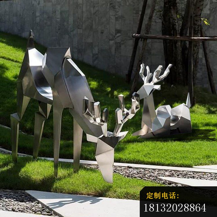 不锈钢几何鹿 公园抽象动物雕塑 (4)_750*750