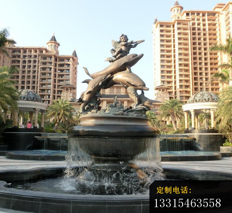 跳跃的海豚和小天使喷泉  小区喷泉铜雕(1)_750*690