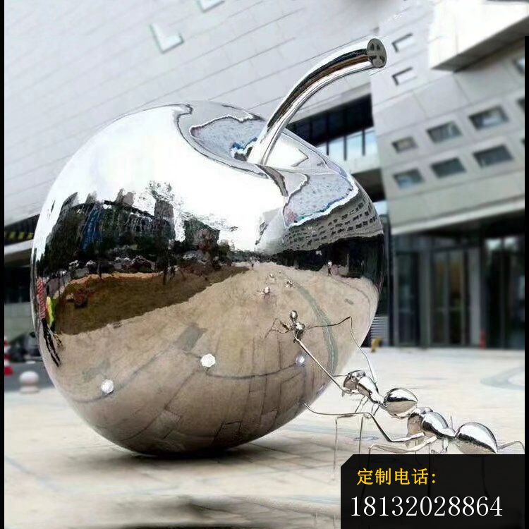 不锈钢镜面苹果和蚂蚁步行街景观雕塑_750*750