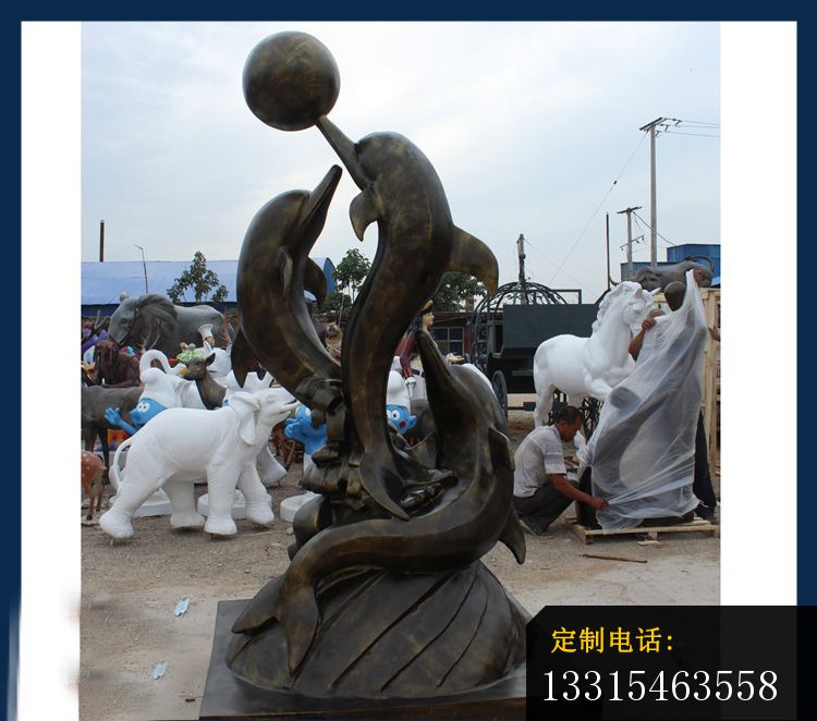 铜雕海豚顶球    公园动物雕塑_750*662