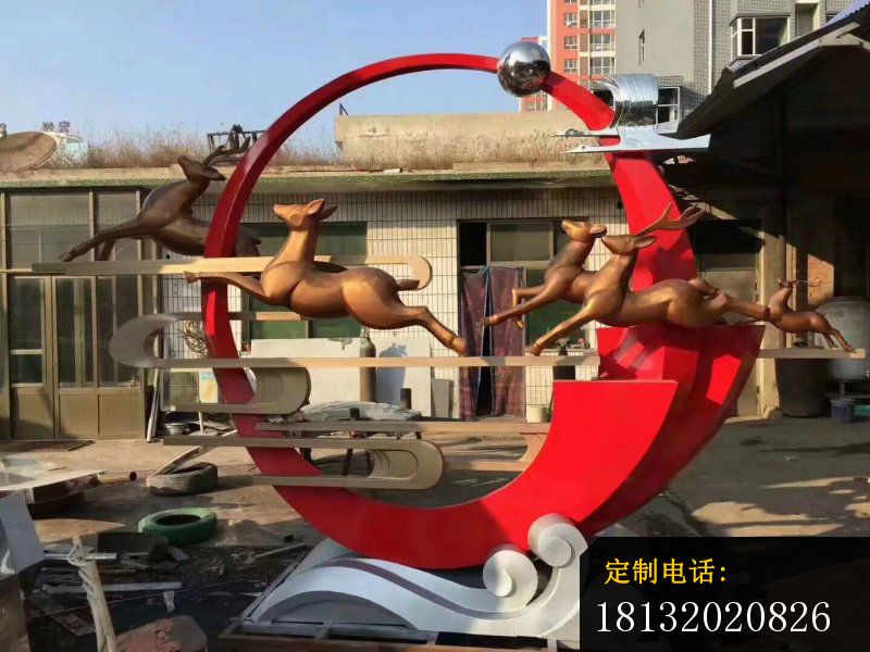 梅花鹿祥云仙鹤雕塑 公园不锈钢雕塑 (2)_800*600