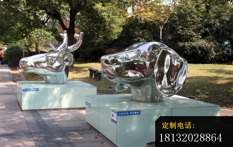 不锈钢鹿和狗头雕塑，公园不锈钢雕塑_800*504