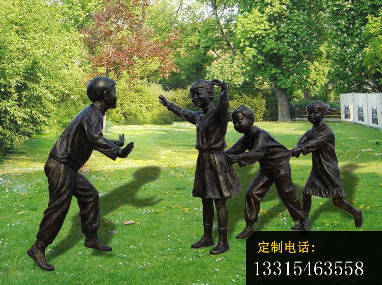 玩老鹰捉小鸡的小孩铜雕，公园小品铜雕_750*559
