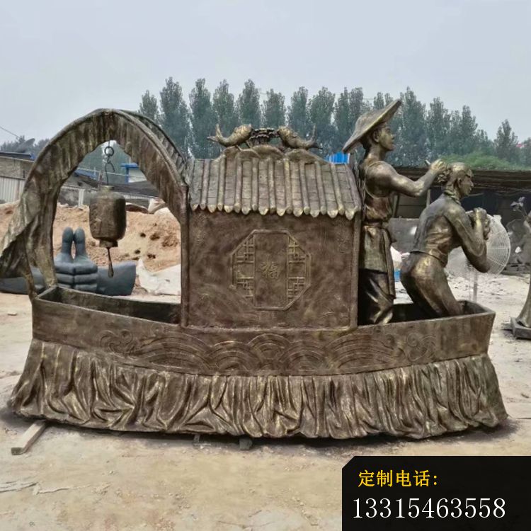 渔船上的古代夫妻铜雕，公园小品铜雕 (4)_750*750