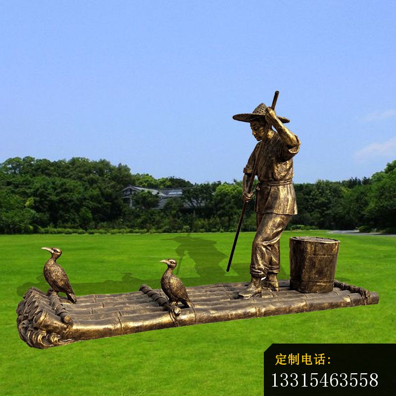 竹排上的渔翁和鸬鹚铜雕 公园水面景观铜雕 (2)_800*800