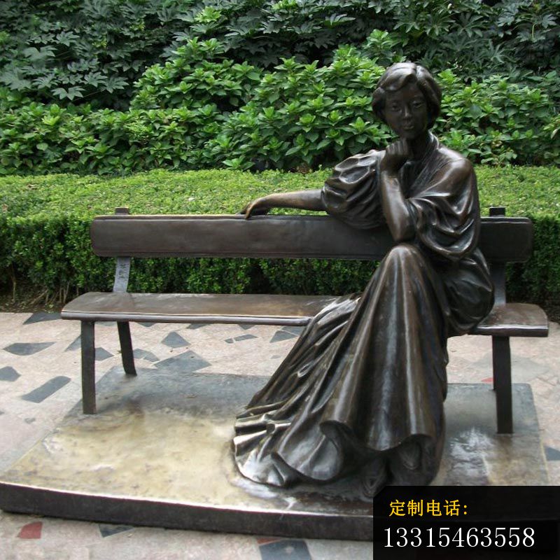 坐长椅的短发女孩铜雕 公园座椅铜雕 (2)_800*800