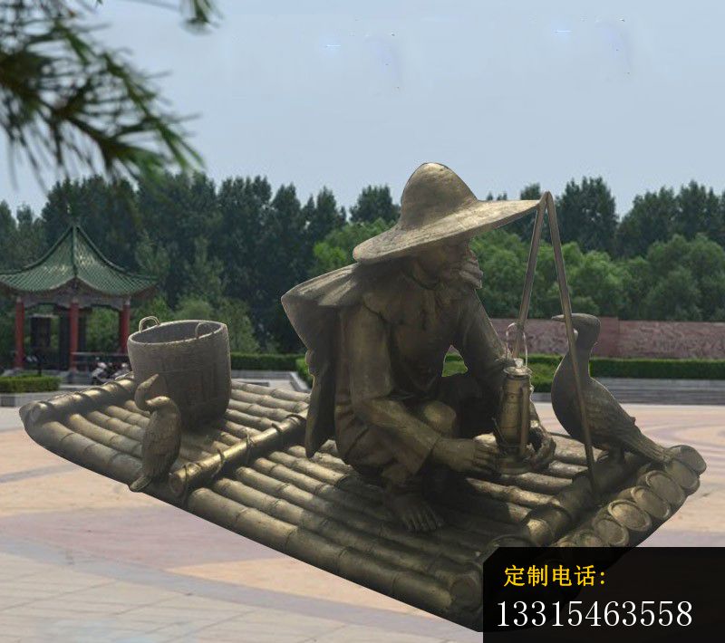 坐竹排的渔翁和鸬鹚铜雕 公园古代人物铜雕 (2)_800*710