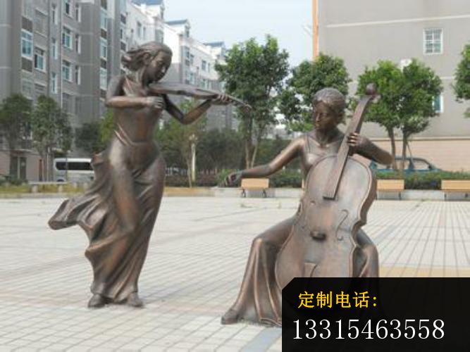演奏大提琴和小提琴的人物铜雕，公园人物铜雕_667*500