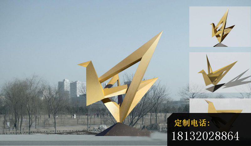 不锈钢折纸纸鹤，抽象仙鹤，广场景观雕塑_800*468