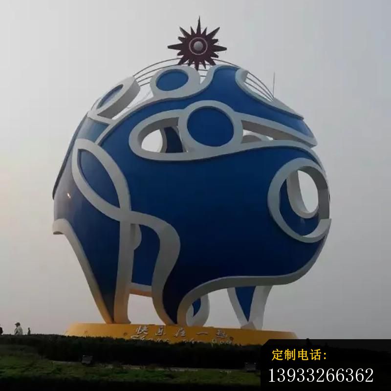 广场不锈钢蓝色条纹抽象球雕塑_800*800