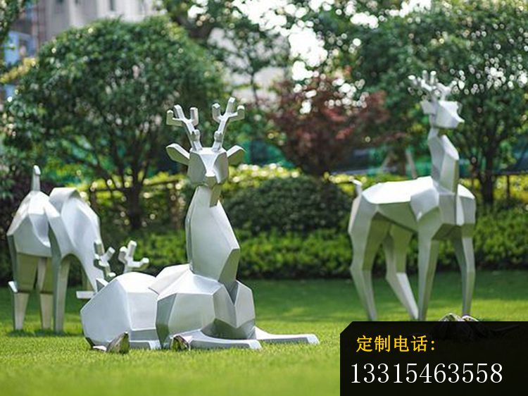 小区抽象动物雕塑不锈钢几何梅花鹿雕塑_750*562