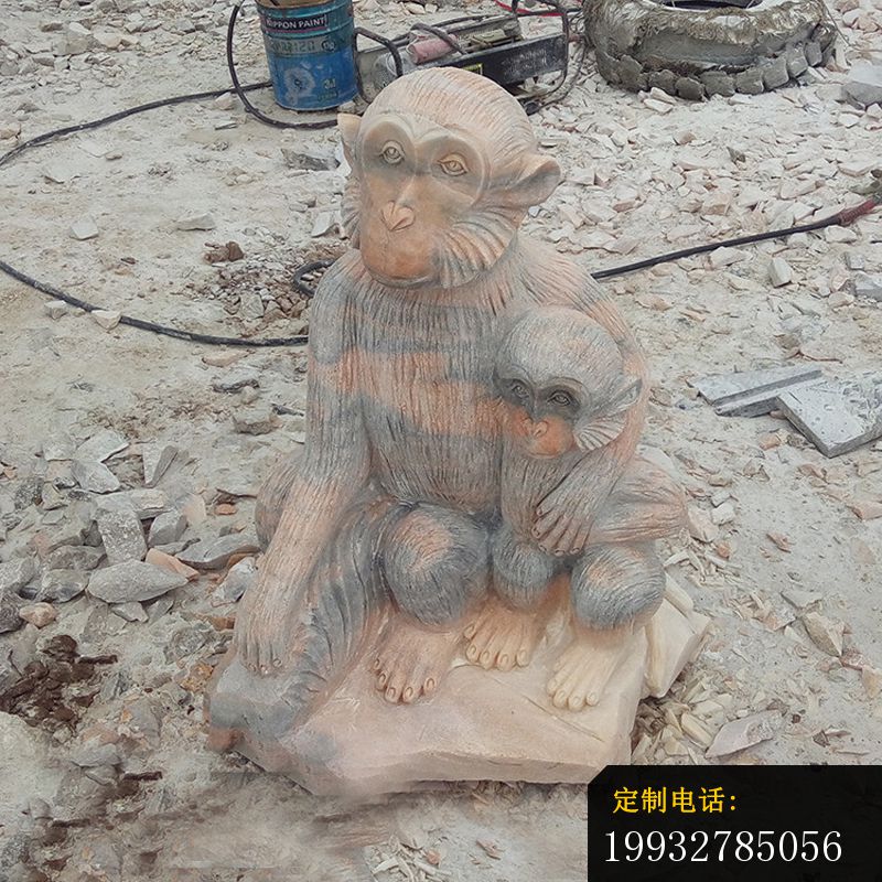 晚霞红母子猴 动物石雕 (2)_800*800