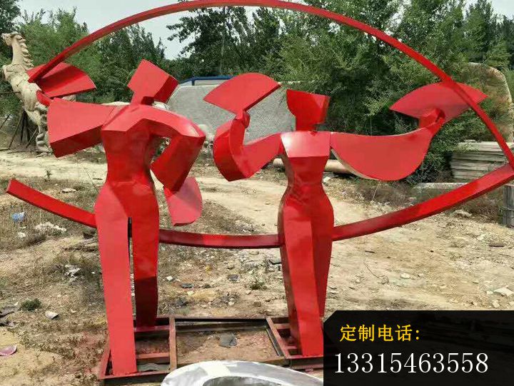 不锈钢抽象跳扇子舞的人物雕塑，公园景观摆件_720*541