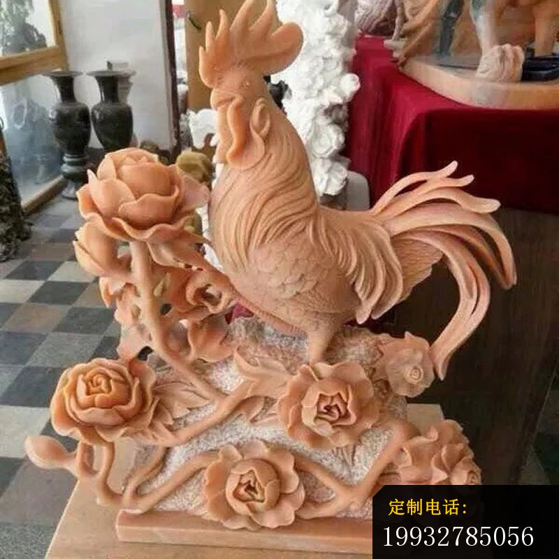 公鸡石雕，公鸡和牡丹花雕塑_800*800