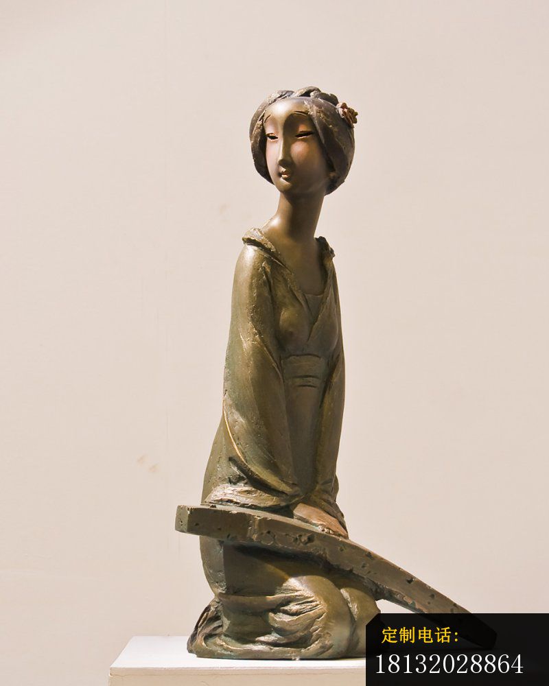 弹古筝的女人铜雕，古代人物雕塑_800*1000