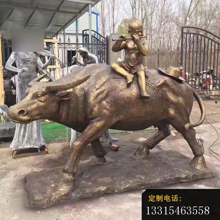 吹笛子的牧童牛铜雕，公园景观铜雕_750*750