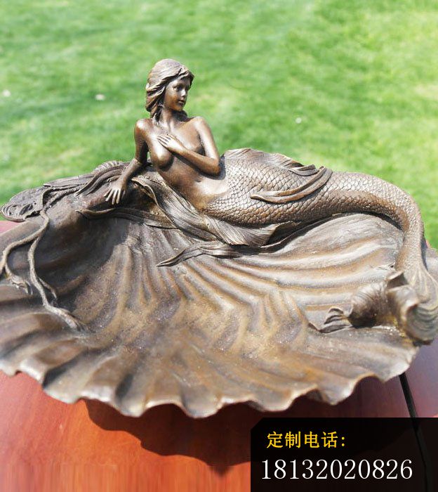 贝壳上的美人鱼铜雕，园林景观铜雕_624*700