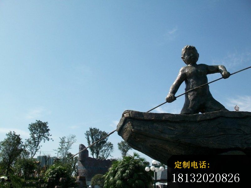 撑船的小男孩铜雕，广场景观铜雕_800*600
