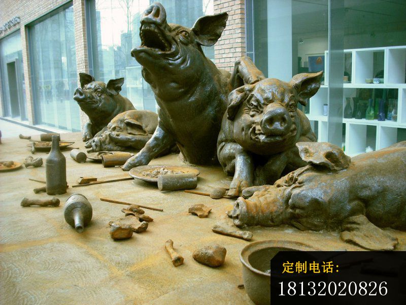 吃食物的猪铜雕，街边景观铜雕_800*600