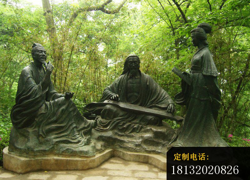 弹琴看书的古代人物铜雕，公园小品铜雕_800*575
