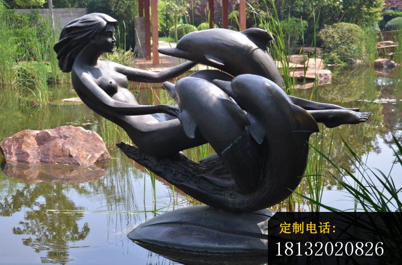 海豚和女孩铜雕，公园景观铜雕 (2)_800*529