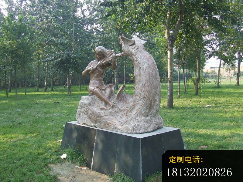 拉小提琴的女孩和凤凰铜雕，公园景观铜雕_800*600