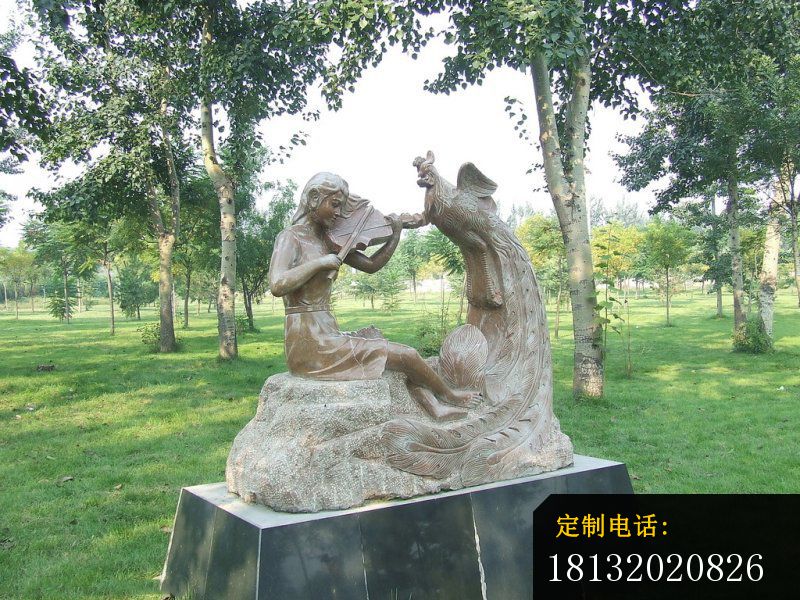 拉小提琴的女孩和凤凰铜雕，公园景观铜雕 (2)_800*600