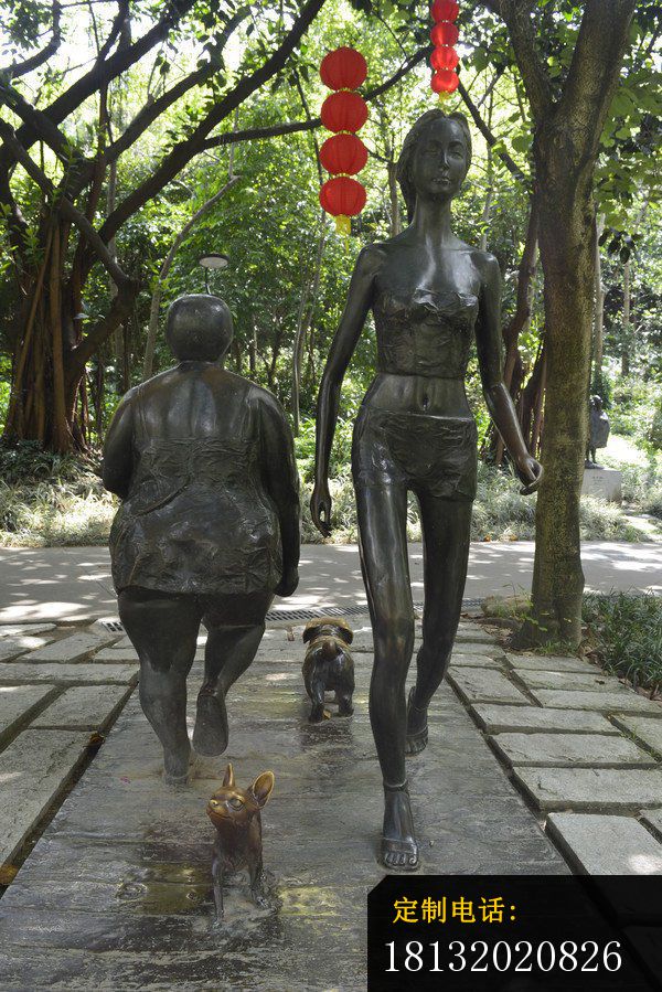 遛狗的女孩铜雕，公园小品铜雕 (2)_600*899