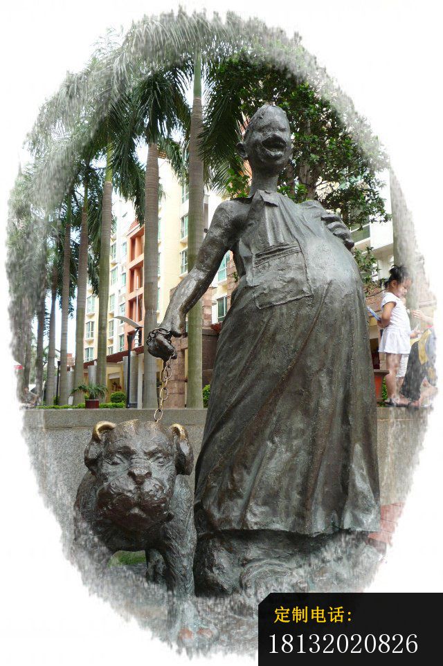 遛狗的孕妇铜雕，小区景观铜雕_640*963