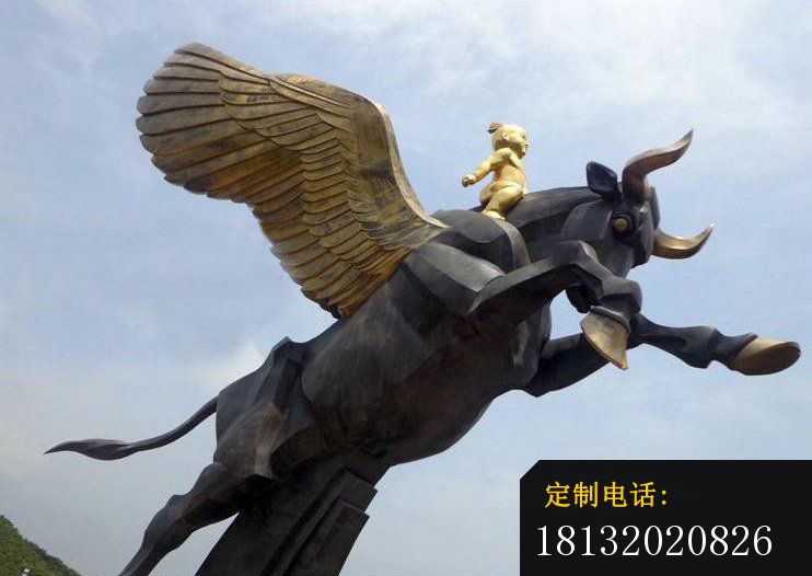 骑飞牛的小孩铜雕，广场景观铜雕_742*526