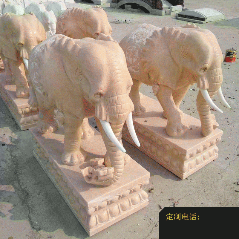 鼻卷如意的大象石雕，晚霞红大象石雕_800*800