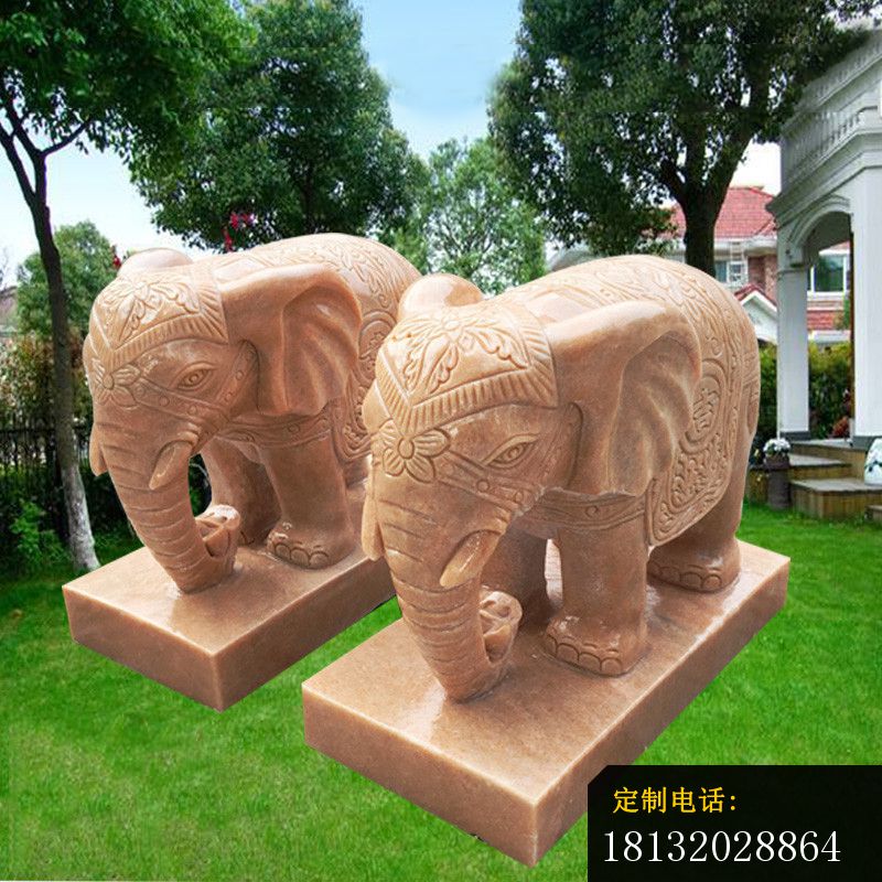 鼻卷元宝的大象石雕，晚霞红大象雕塑_800*800