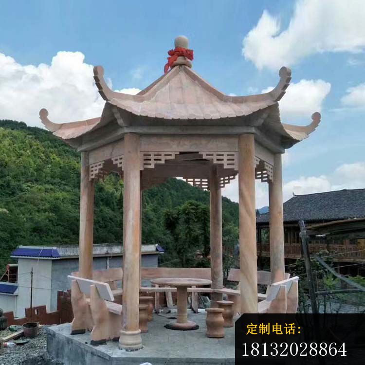 公园六角凉亭石雕，晚霞红凉亭雕塑 (2)_750*750