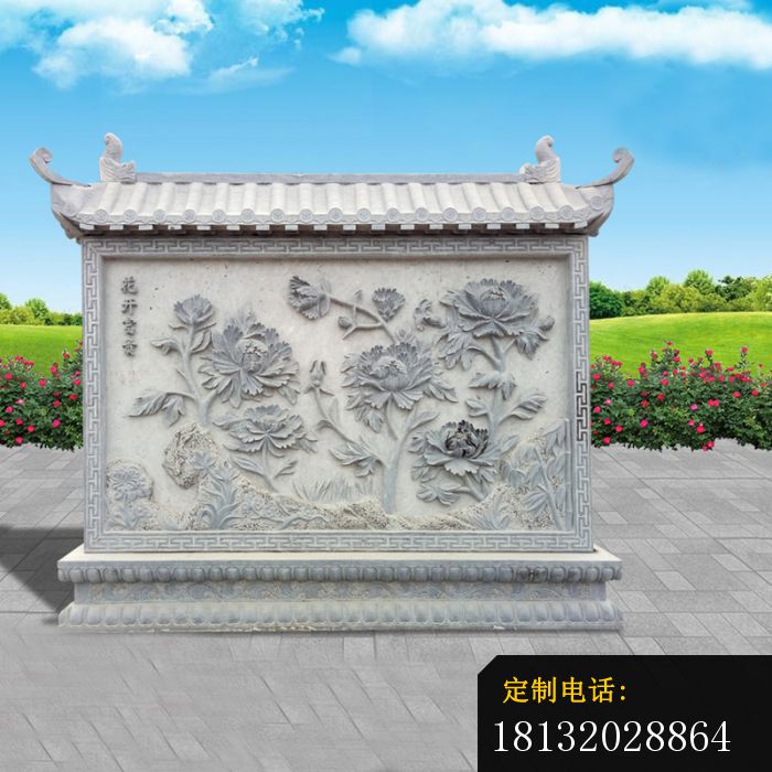 花开富贵影壁石雕，牡丹花石浮雕影壁_700*700