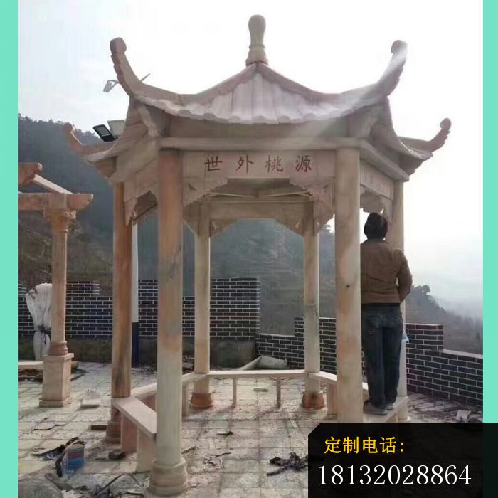 世外桃源凉亭石雕，晚霞红六角凉亭石雕_700*700