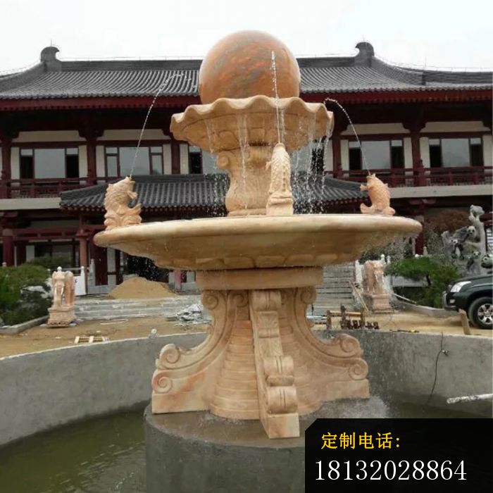 双层风水球喷泉石雕，晚霞红双层喷泉_700*700