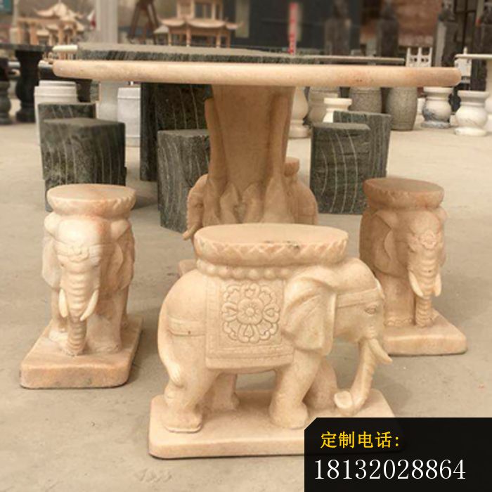 晚霞红大象桌凳庭院桌凳石雕 (2)_700*700