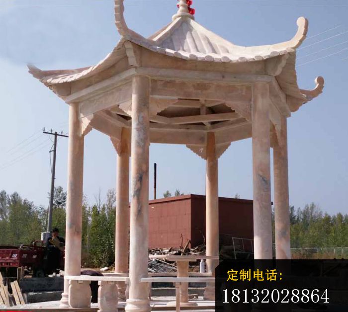 晚霞红六角凉亭石雕 公园石雕凉亭 (2)_700*628