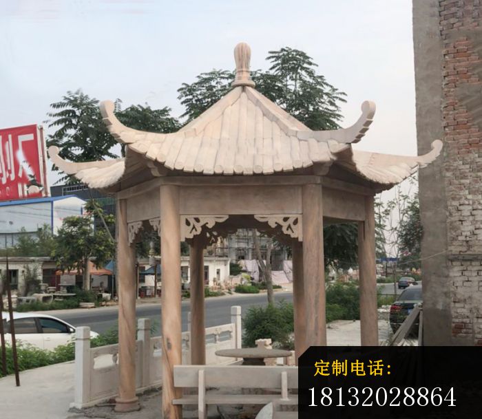 晚霞红六角凉亭石雕，公园石亭子 (4)_700*609